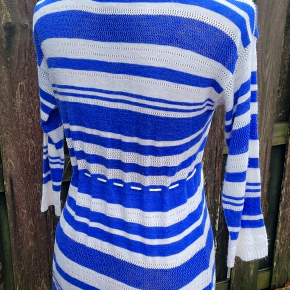 Motherhood Maternity Striped  Babydoll Pointelle Sweater with Drawstring Tie - Picture 16 of 17